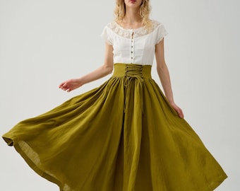 Lace-up maxi linen skirt, girdle linen skirt in olive, retro skirt, flared skirt, spring linen skirt | Linennaive