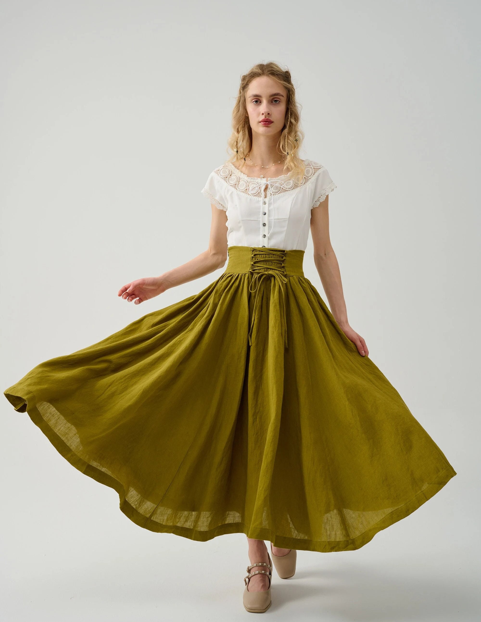 Lace Up Maxi Linen Skirt Girdle Linen Skirt in Olive Retro Skirt Flared Skirt Spring Linen Skirt Linennaive