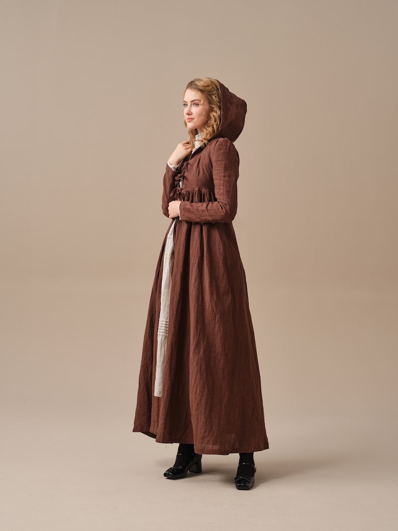 Winter linen coat in Brown, maxi coat, tied linen jacket coat, vintage coat dress, little women coat Linennaive image 9