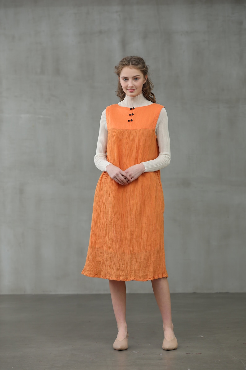 linen dress in orange, linen jumper, square sleeveless dress Linennaive image 2