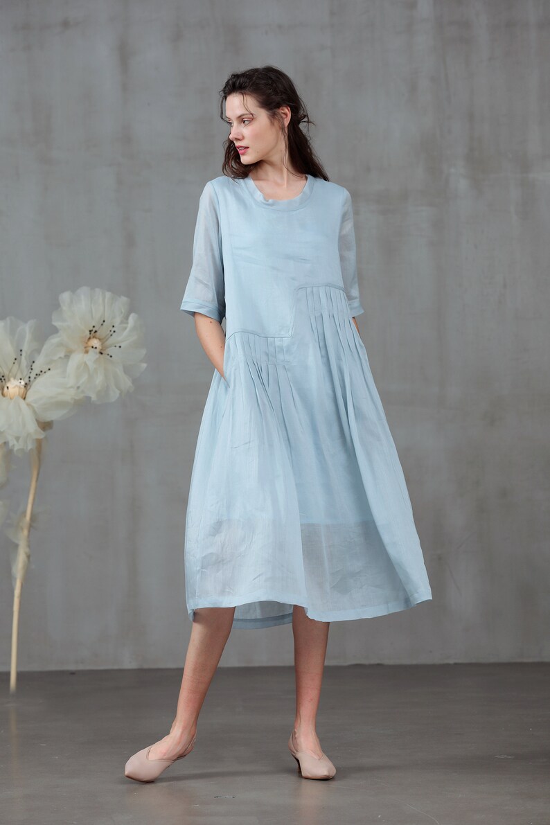 Pastel blue linen dress midi dress pleated dress tunic Etsy