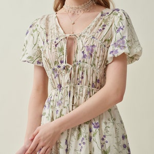 Floral linen dress, shirred dress in violet, puff sleeve dress, summer dress, elegant dress, vintage dress, plus women dress Linennaive image 3