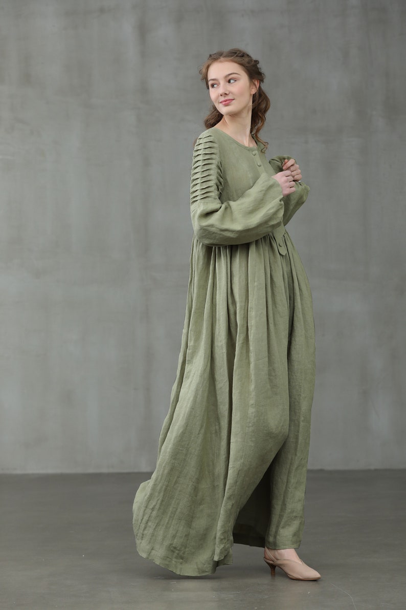 Maxi linen dress in pastel green puff sleeve dress wedding Etsy