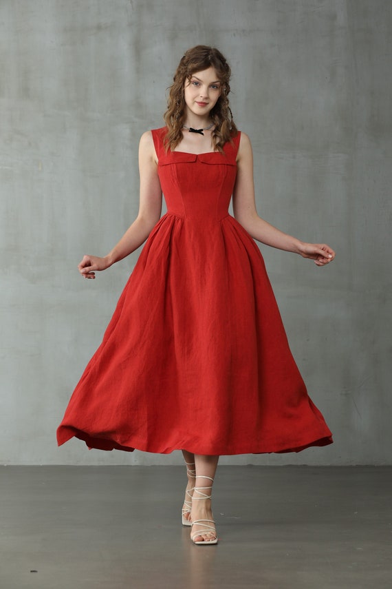 Red Pleated Midi Dress Sleeveless Linen 