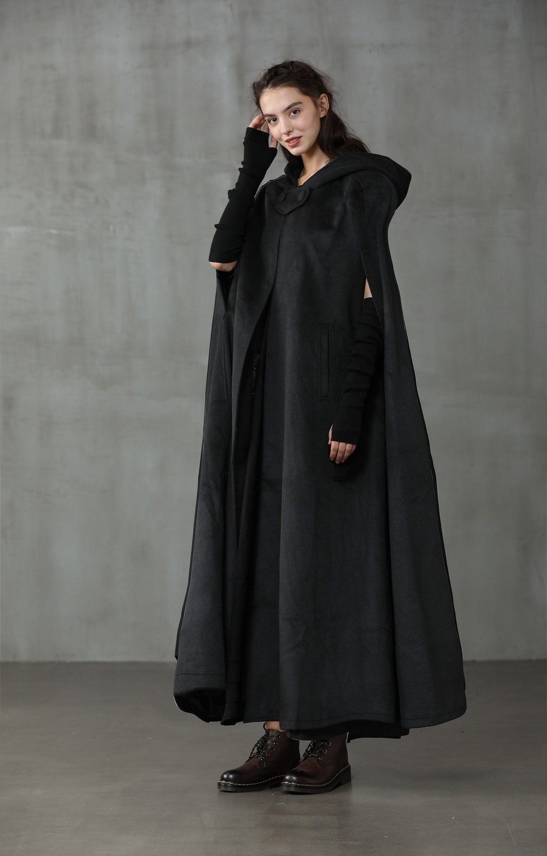 Black Hooded Wool Coat Cloak, Maxi Hooded Wool Coat Cloak, Maxi