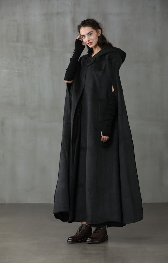 Black Hooded Wool Coat Cloak, Maxi Hooded Wool Coat Cloak, Maxi Cape, Hooded  Cape, Wool Hooded Cloak Linennaive Cloak 