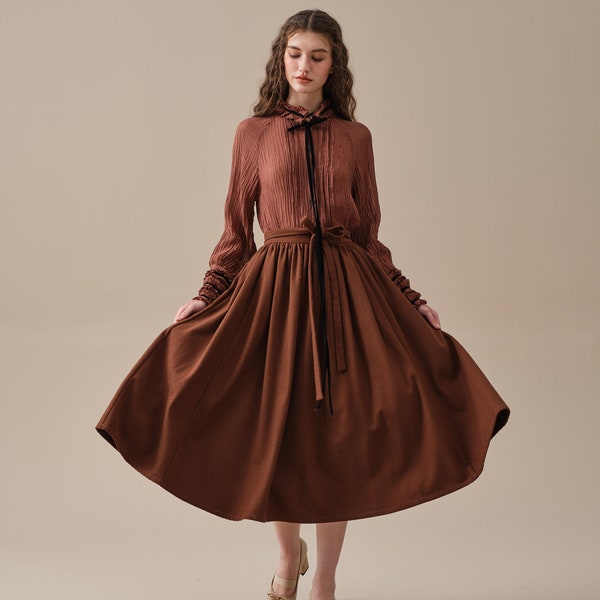 Schnür-Leinenbluse in Sienna, Plissee Bluse, Rüschen-Leinenbluse, viktorianische Bluse, Vintage Bluse | Leinenstoff