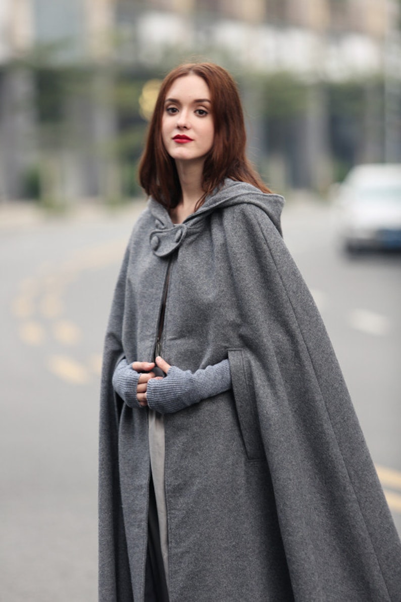 maxi wool poncho cape in grey, black, red, blue, long hooded wool coat cape, maxi coat, maxi wool cape, wool cloak Linennaive image 2