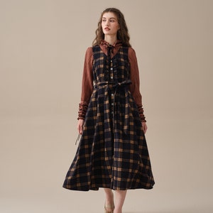 tartan wool dress in brown, ruffle dress, belt dress, elegant dresses, vintage dress, winter dress Linennaive image 8