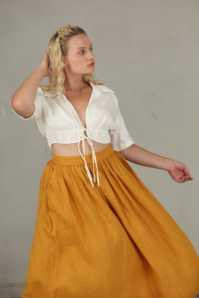 PLUS SIZE linen skirt in yellow and ashed lilac, linen skirt, a line skirt, retro skirt, midi skirt, flared skirt, 1950 skirt image 8