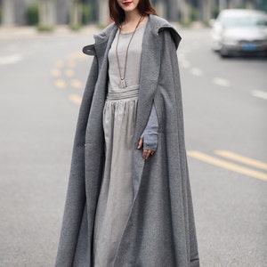 maxi wool poncho cape in grey, black, red, blue, long hooded wool coat cape, maxi coat, maxi wool cape, wool cloak Linennaive image 5