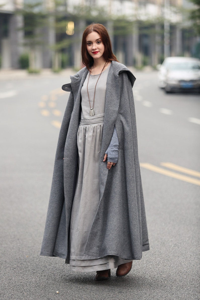 maxi wool poncho cape in grey, black, red, blue, long hooded wool coat cape, maxi coat, maxi wool cape, wool cloak Linennaive image 5