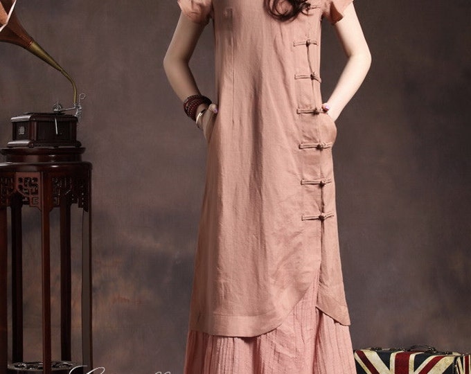 Pink Maxi Dress, Linen Dress in Pink, Layered Bridesmaid Dress, Pink