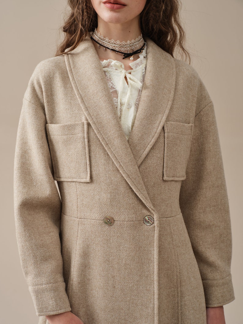 maxi wool coat in oat cream, women coat, double breasted coat, winter coat, retro coat, warm coat Linennaive image 6