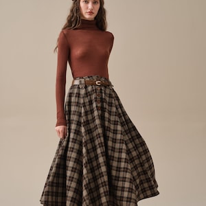 Midi wool skirt, Dark brown plaid wool skirt, vintage wool skirt, tartan skirt, winter warm skirt, pockets wool skirt | Linennaive