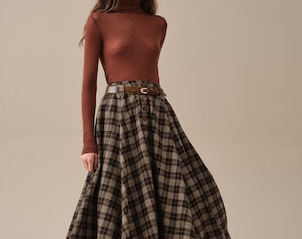 Midi wool skirt, Dark brown plaid wool skirt, vintage wool skirt, tartan skirt, winter warm skirt, pockets wool skirt | Linennaive