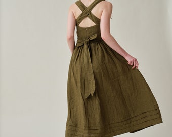 Cross back linen dress in olive, midi dress, cocktail dress, layered linen dress, evening dress, vintage dress, apron dress | Linennaive