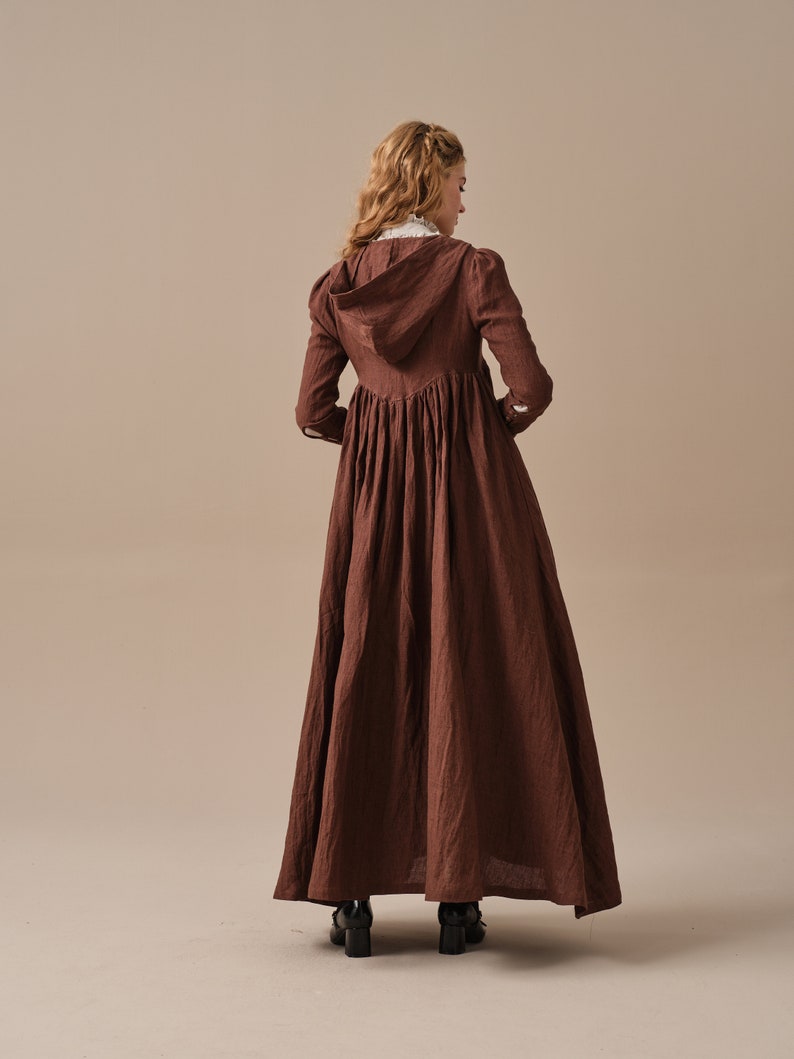 Winter linen coat in Brown, maxi coat, tied linen jacket coat, vintage coat dress, little women coat Linennaive image 6