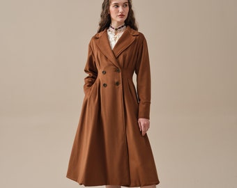 Double breasted wool coat,  Wool Coat in Burlywood, Flared Wool Midi Coat, 100% wool coat, winter coat, 1950 coat | Linennaive