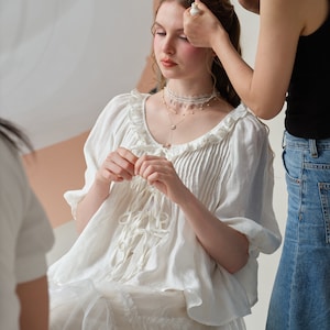 tie-front ruffled linen blouse, White blouse, victorian blouse, vintage blouse, puff sleeve blouse, women blouse | Linennaive