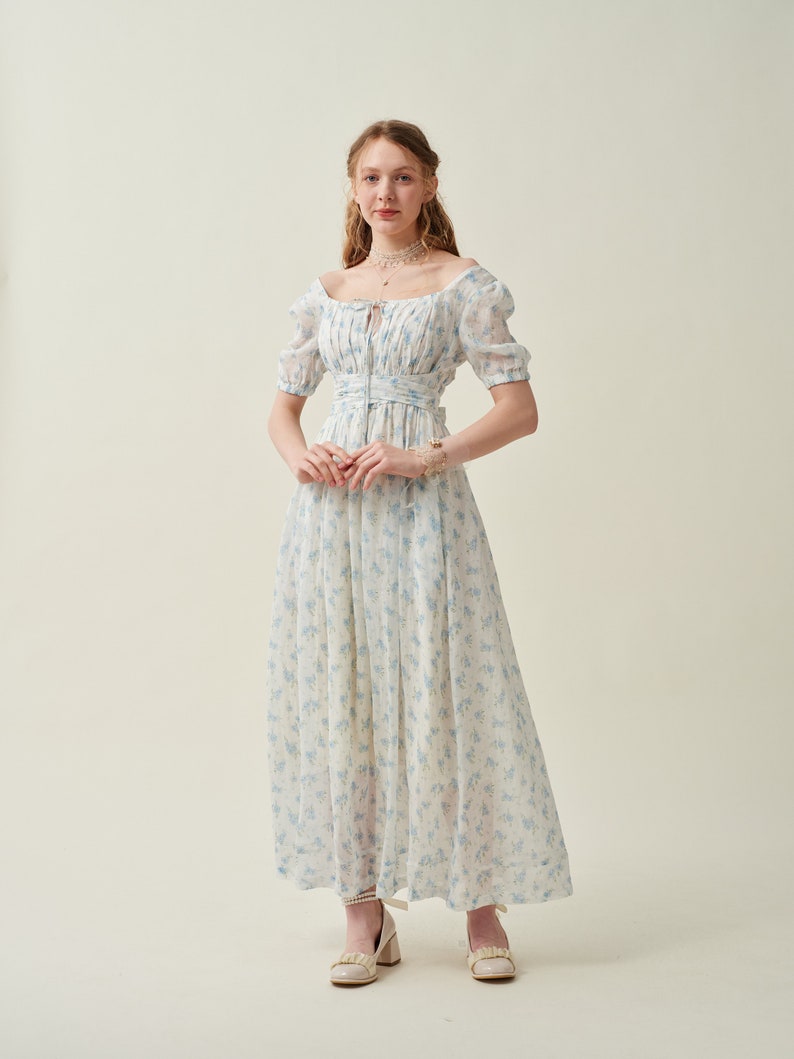 Blue floral linen dress, princess linen dress, summer dress, maternity dress, midi dress, party dress, plus women dress Linennaive image 8