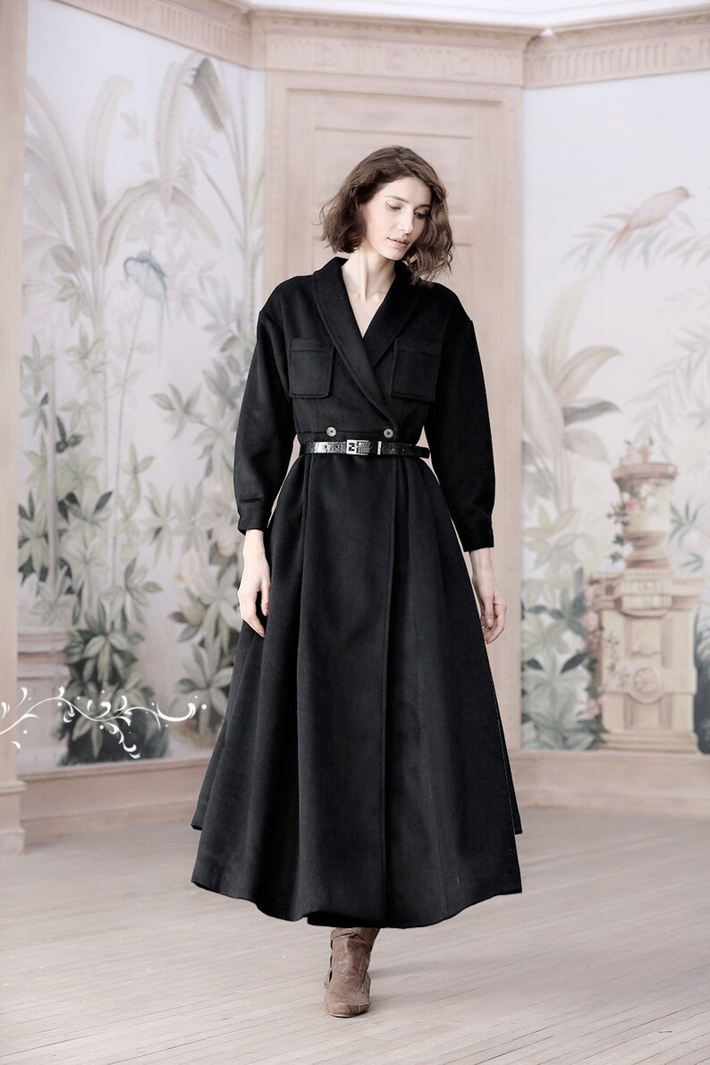 gray wool coat 100% cashmere coat maxi coat in gray black image 7