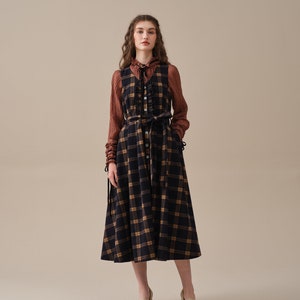 tartan wool dress in brown, ruffle dress, belt dress, elegant dresses, vintage dress, winter dress Linennaive image 3