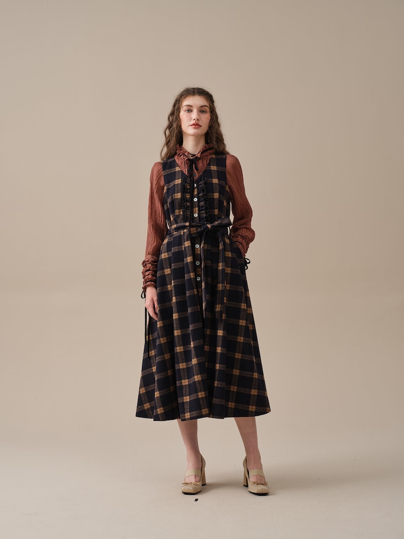 tartan wool dress in brown, ruffle dress, belt dress, elegant dresses, vintage dress, winter dress Linennaive image 3
