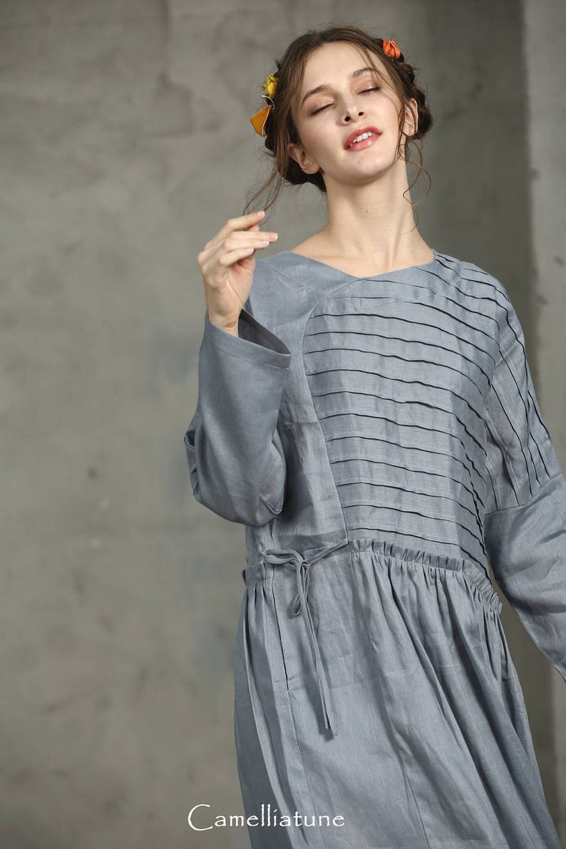 Drawstring Wasit Dress Maxi Linen Dress oNLY \u3010S M L left\u3011Gray linen dress Oversize Grey Linen Dress Maxi Smoky Gray Dress