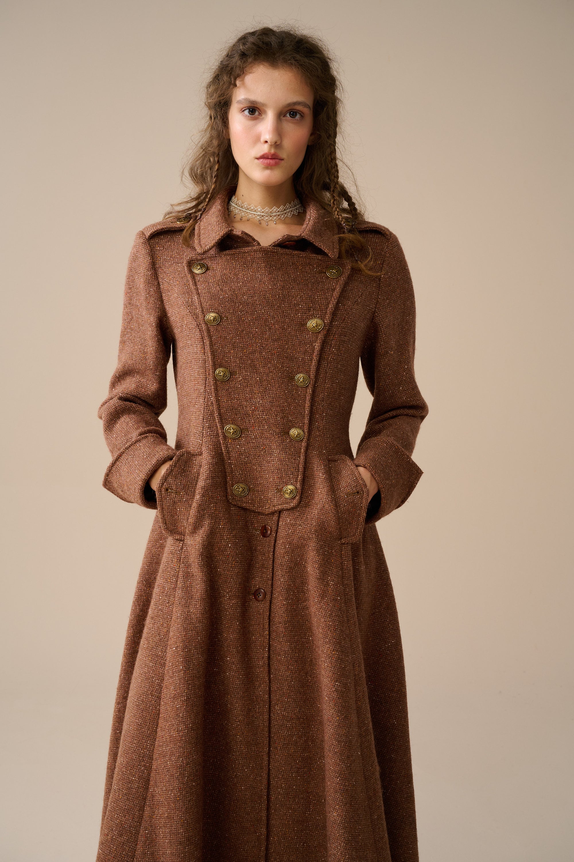 【PORTERNA】Raven quilted wool double long coat Layered Wool Coat with Removable Silk Layer