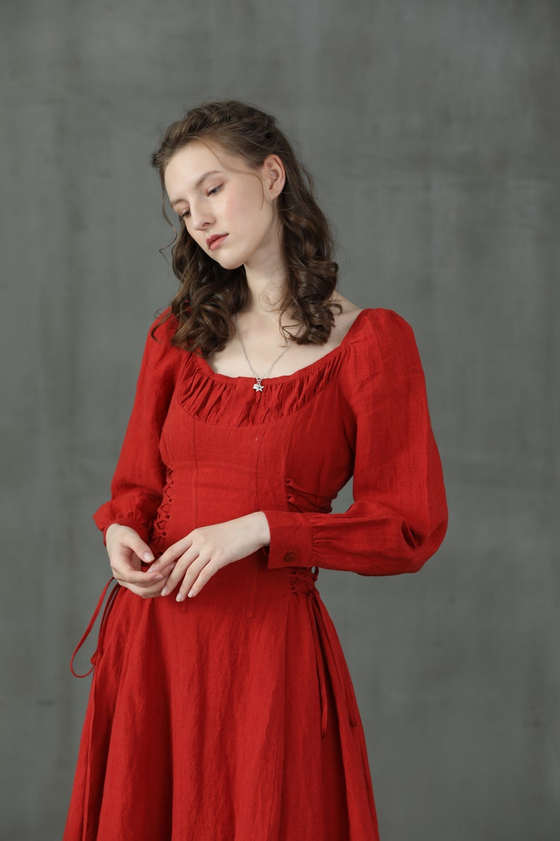 maxi red linen dress, lacing up linen dress, maxi linen dress, cocktail dress, flared evening dress Linennaive image 4