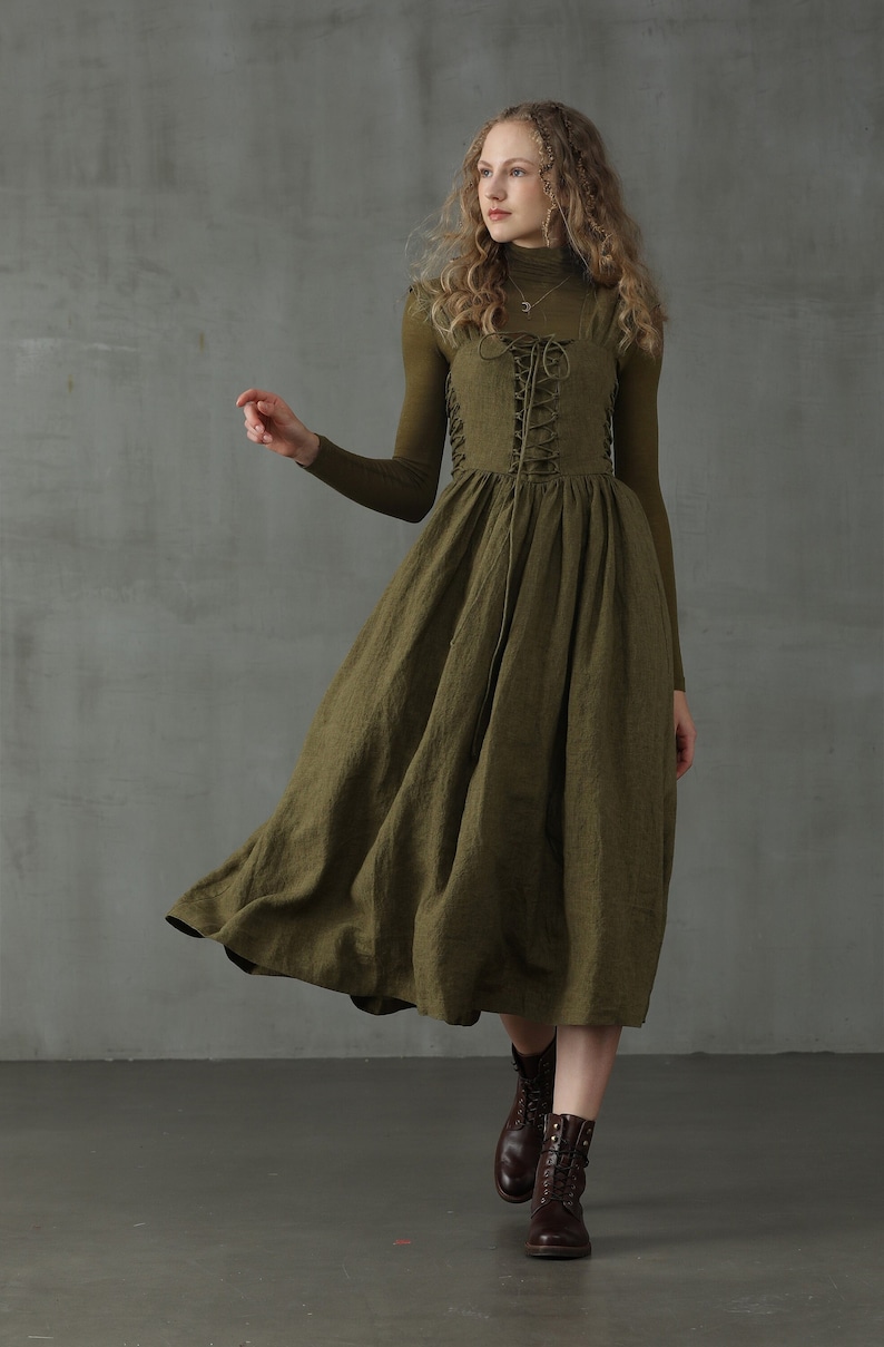 Corset Linen Dress in Dark Green, Front Lace-up Dress, Mid calf Dress, Cocktail Dress Linennaive image 6