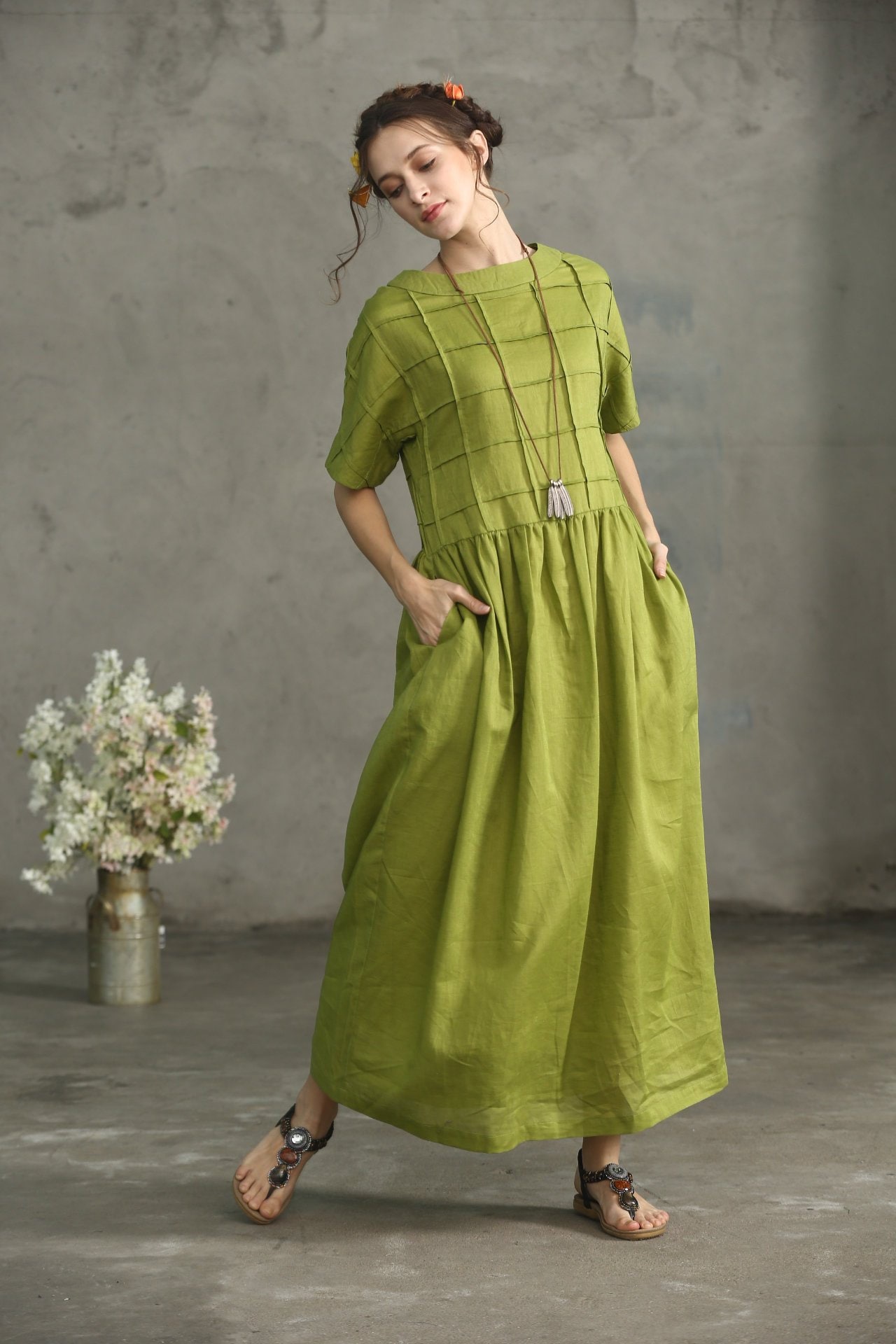 Olive Green Linen Dress linen dress maxi dress Loose Etsy