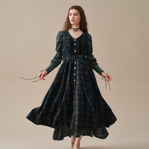 tartan wool dress in Blue, ruffle dress, belt dress, elegant dresses, vintage dress, winter dress | Linennaive