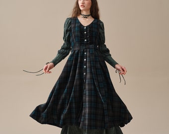 tartan wool dress in Blue, ruffle dress, belt dress, elegant dresses, vintage dress, winter dress | Linennaive