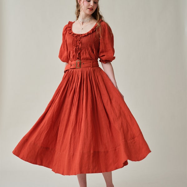 Belted linen skirt, Red skirt, pleated skirt, maxi skirt, bridal skirt, vintage skirt, flared linen skirt | Linennaive