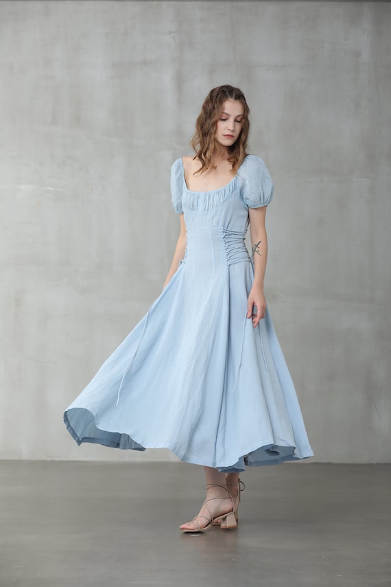 Girdle Linen Dress, Maxi Linen Dress, Cocktail Dress, Puff Sleeve