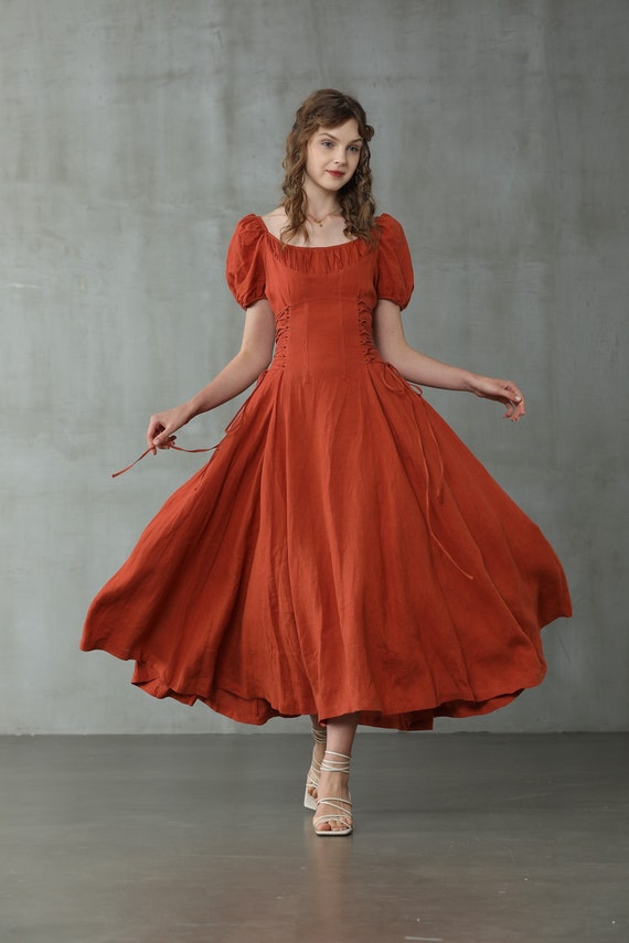 Girdle Linen Dress in Red , Maxi Linen Dress, Cocktail Dress, Puff Sleeve  Dress, Fit and Flared Dress, 1950s Dress Linennaive 
