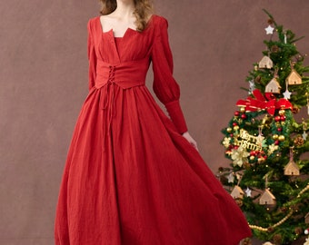 Linen dress in red, Christmas dress, wedding dress, vintage linen skirt, corset linen dress, elegant dress, winter dress| Linennaive