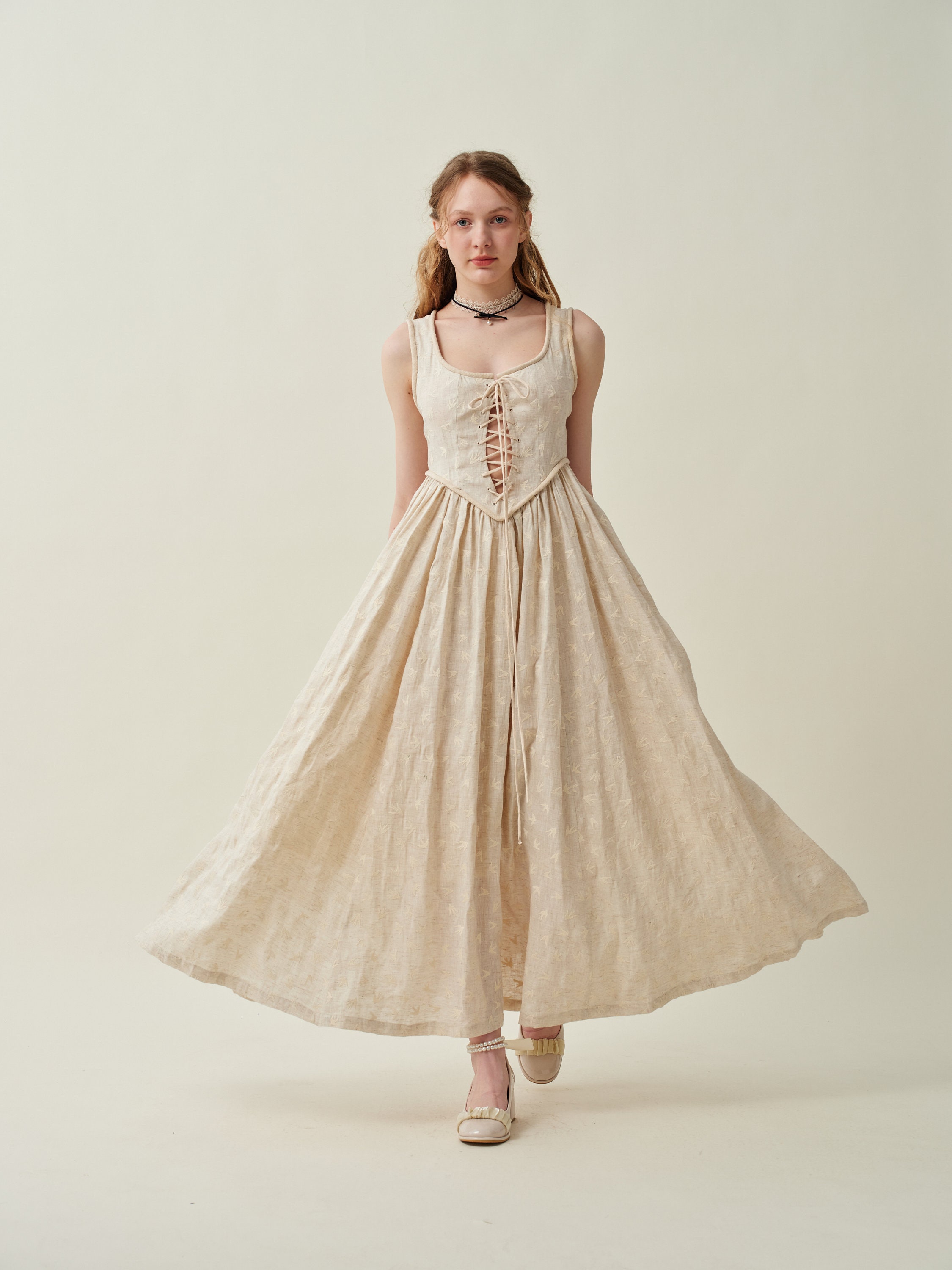 Besticktes Leinenkleid, Korsett Leinenkleid, Maxikleid, Feenkleid, Schnürkleid, Cocktailkleid, Partykleid | Leinen