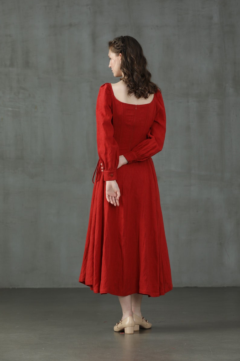 maxi red linen dress, lacing up linen dress, maxi linen dress, cocktail dress, flared evening dress Linennaive image 8