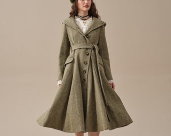 hooded wool coat in cyan green, belted waisted wool coat, winter wool coat, single-breasted wool coat, retro hooded wool coat | Linennaive