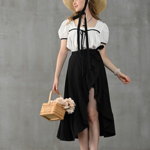 Wrap linen skirt in black, ruffled linen skirt, front-slit linen skirt, flared linen skirt, A line skirt Linennaive image 7