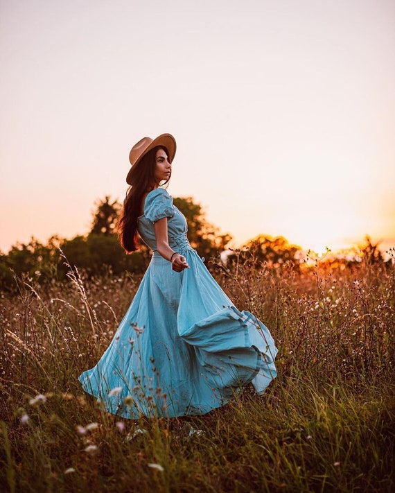 Vestido de lino de faja, maxi vestido de lino, vestido de cóctel, vestido  de manga de hojaldre, vestido ajustado y acampanado, vestido de la década  de 1950 / Linennaive -  España