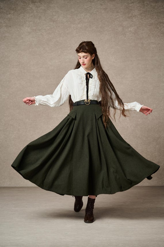 [SOMEWHERE BUTTER]★Vintage check wool skirt Retro Midi Wool Skirt, Warm Wool in Dark Green, Wool Walking
