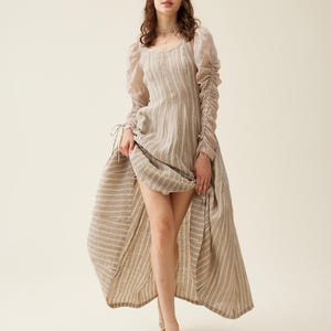Corset Linen dress in Light brown stripes, regency dress, medieval dress, vintage dress, linen casual dress, cottagecore dress | Linennaive