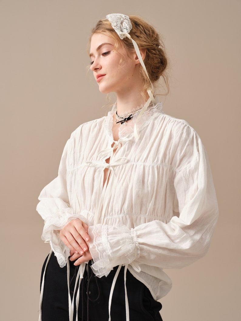 Lace up linen blouse, white linen blouse, ruffle blouse, victorian blouse, women blouse, long-sleeved shirt, oversized blouse Linennaive image 6