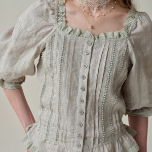 off shoulder linen blouse in beige, white and Gold, lace blouse, ruffle linen blouse, vintage blouse, puff sleeve blouse | Linennaive