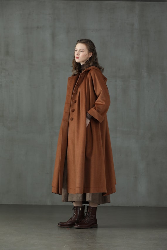 Hooded Wool Coat Jacket in Brown and Moss Green Oversized - Etsy