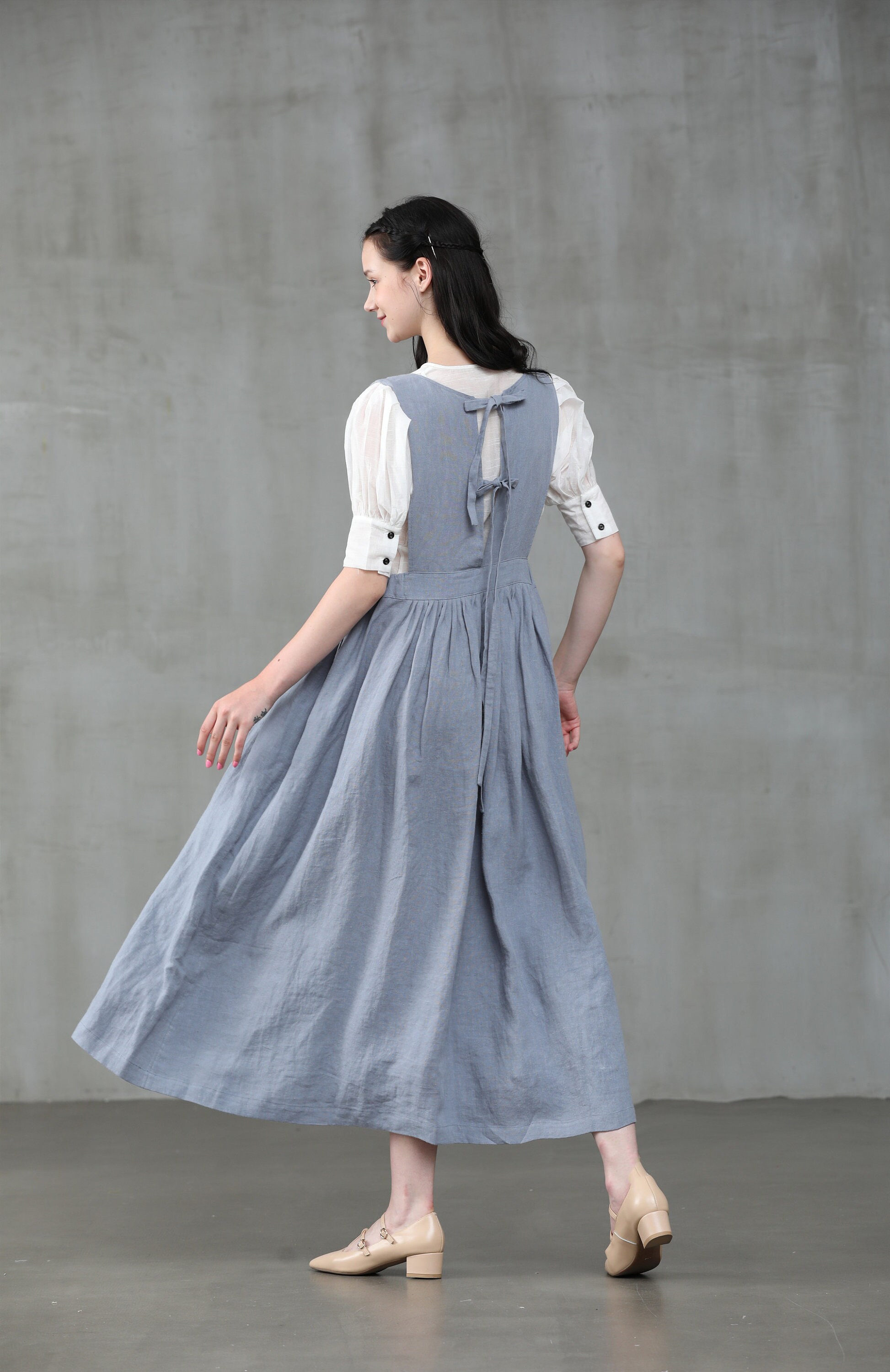 apron linen dress in misty blue, midi dress, pleated linen dress, bow